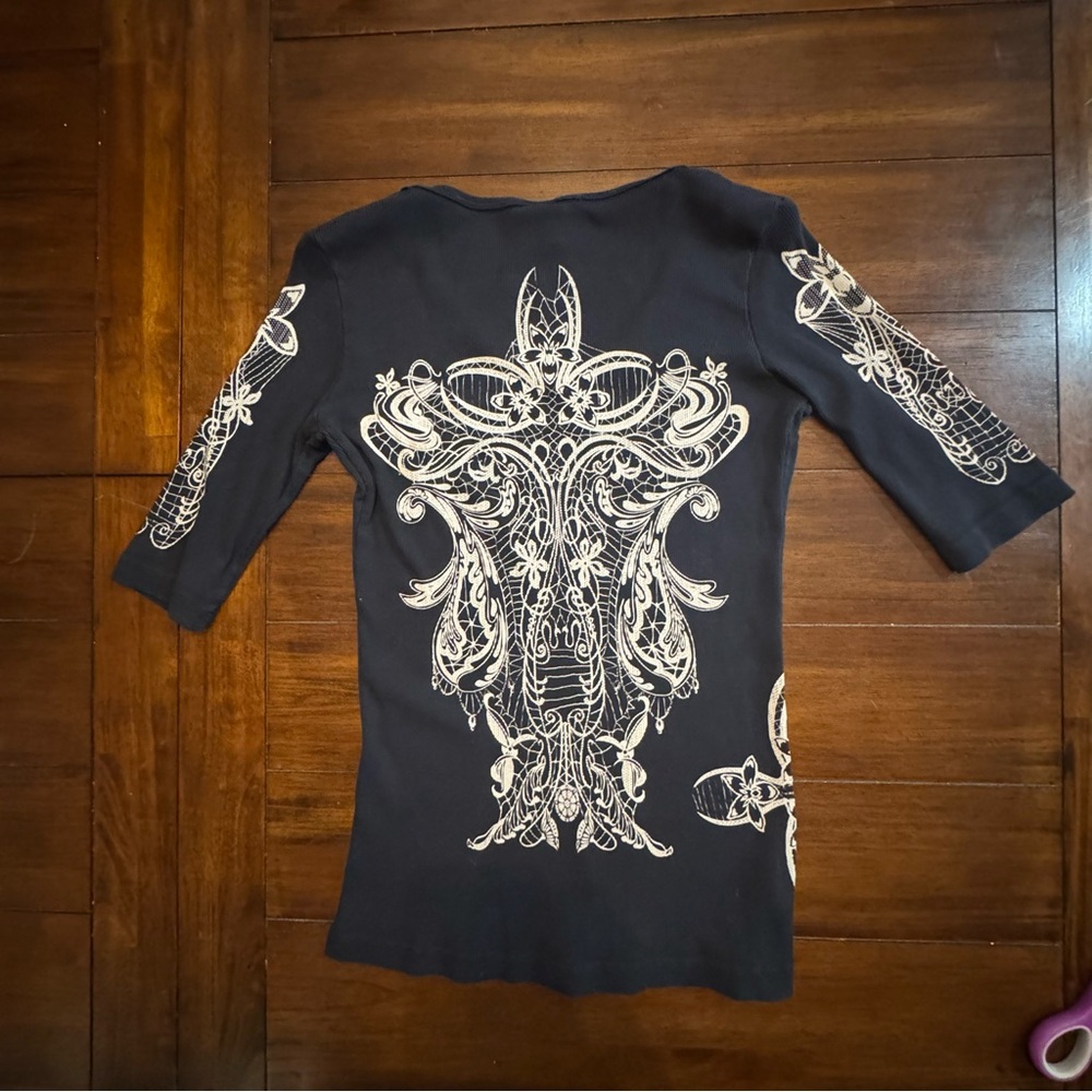 Sledge USA Women’s Sz L Black Ribbed Shirt 3/4 Sleeve Rhinestones Y2K 90s Grunge - Picture 2 of 10